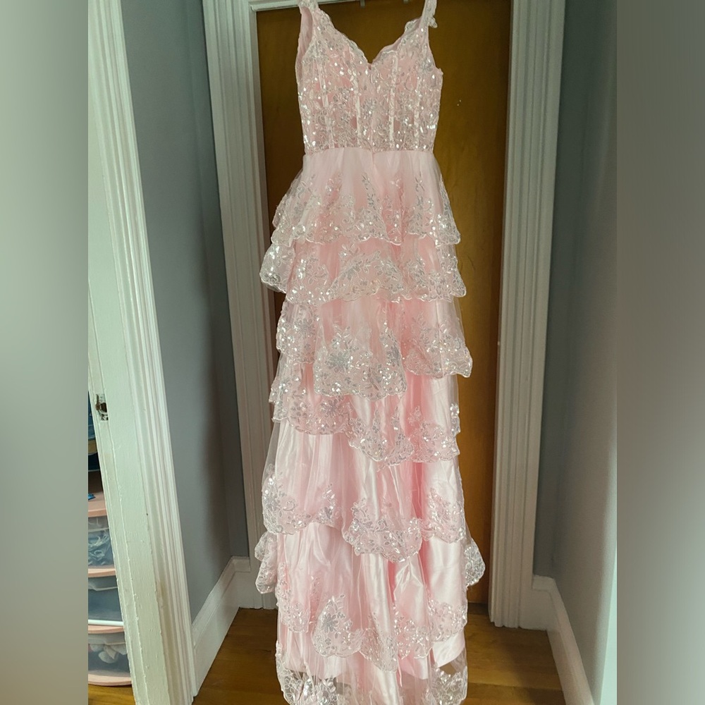 Off the shoulder long pink prom dress with thigh high slit - Picture 3 of 5
